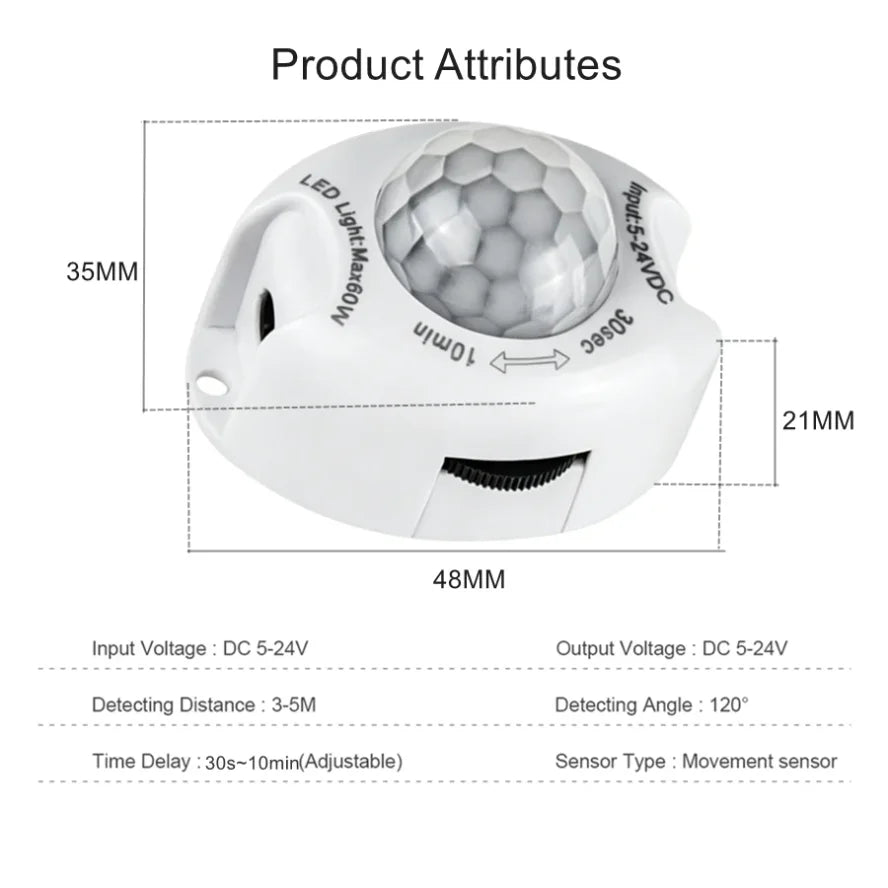 30s~10min Adjustable DC5~24V 3A Highly Sensitive PIR Motion Sensor Switch Infrared IR Sensor